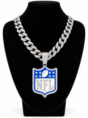 NFL Silver and Blue Shield Pendant Cuban Chain Necklace